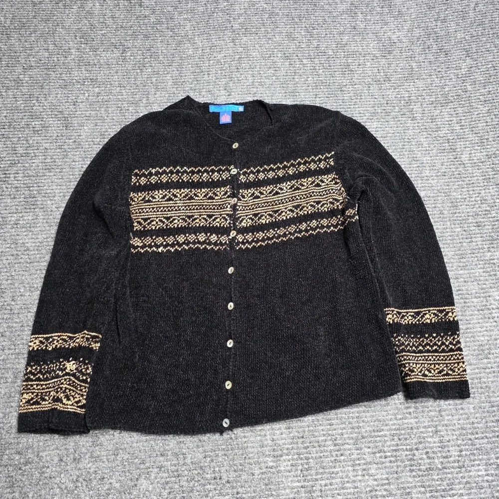 Vintage So Blue Chenille Fair Isle Cardigan‎ Women's Size S Black Button Front